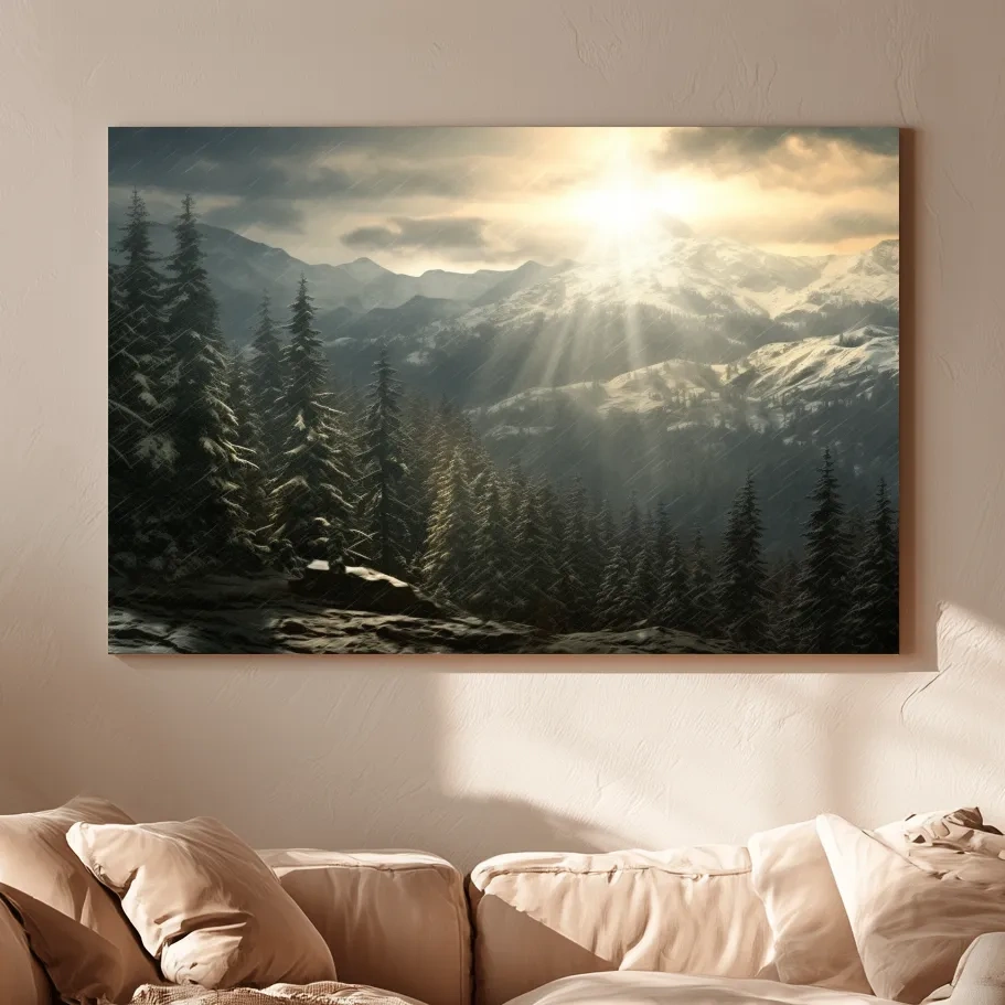 Mountain Snowstorm Sunrise Over Pine Forest - Dramatic Winter Landscape Artwork