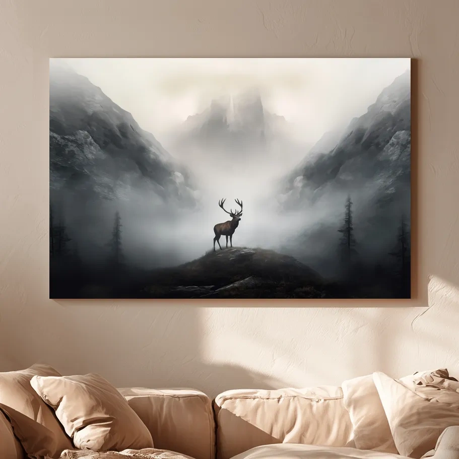 Moody Misty Mountain Stag Silhouette - Atmospheric Wildlife Landscape Art