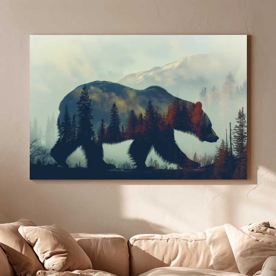 Moody Double Exposure Grizzly Bear Silhouette - Misty Pine Forest Mountain Wall Art