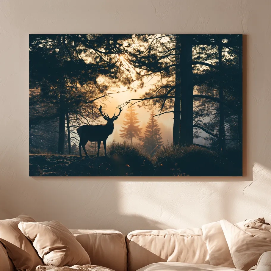 Moody Deer Silhouette In Misty Pine Forest - Golden Sunrise Wildlife Wall Art