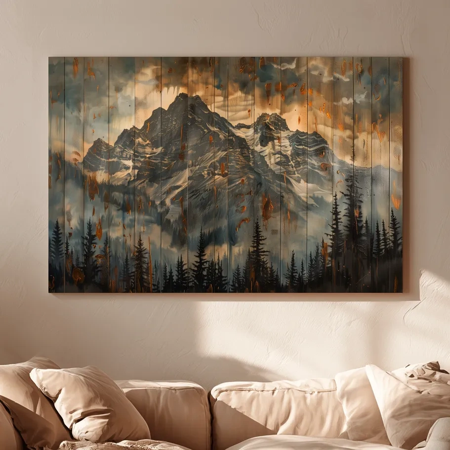 Rustic Mountain Range Painting - Alpine Forest Wood Panel Wall Art