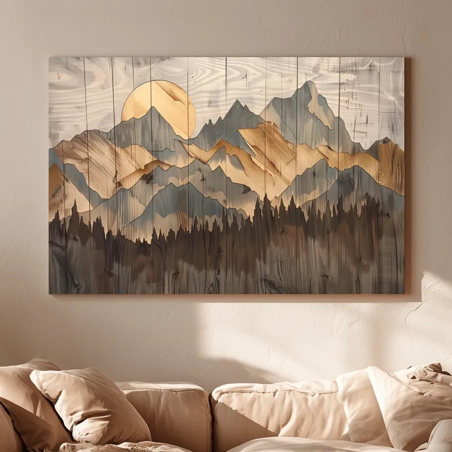 Rustic Mountain Range Sunrise - Woodgrain Style Forest Wall Art