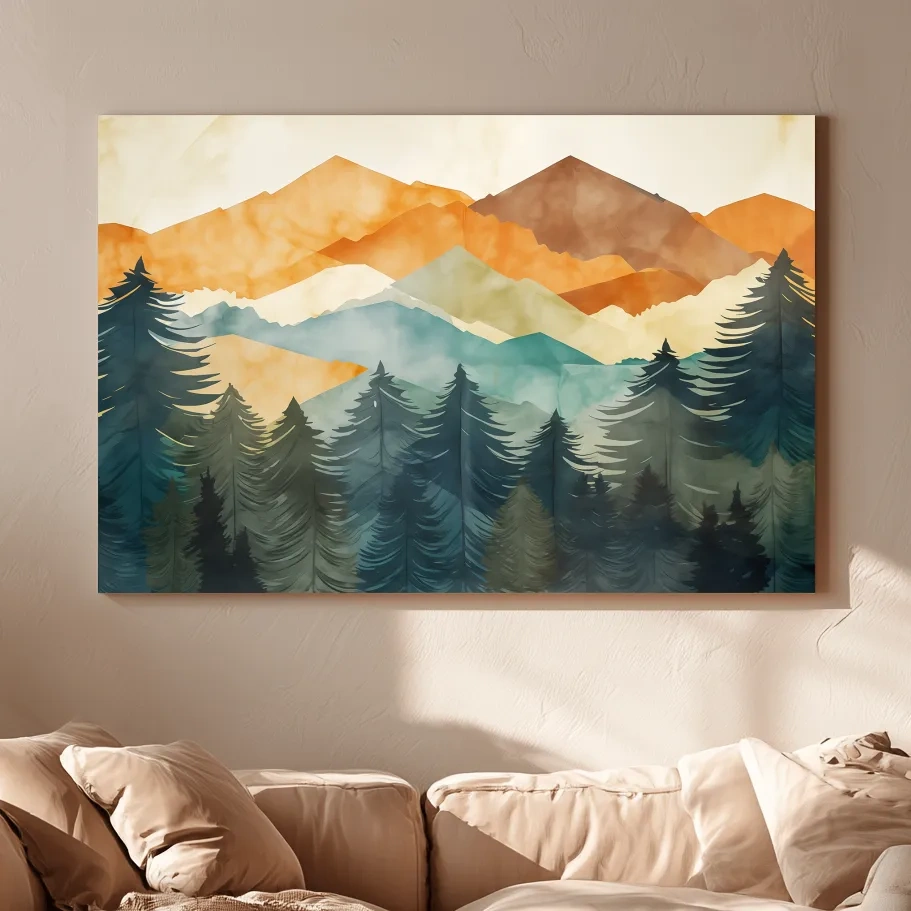 Serene Landscape Painting - Abstract Watercolour Forest & Mountains