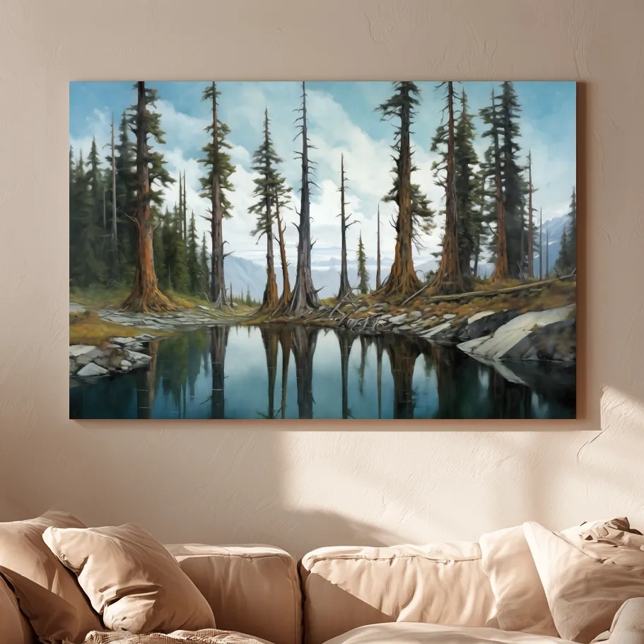 Pine Forest Lake Reflection Painting - Serene Wilderness Landscape Wall Art
