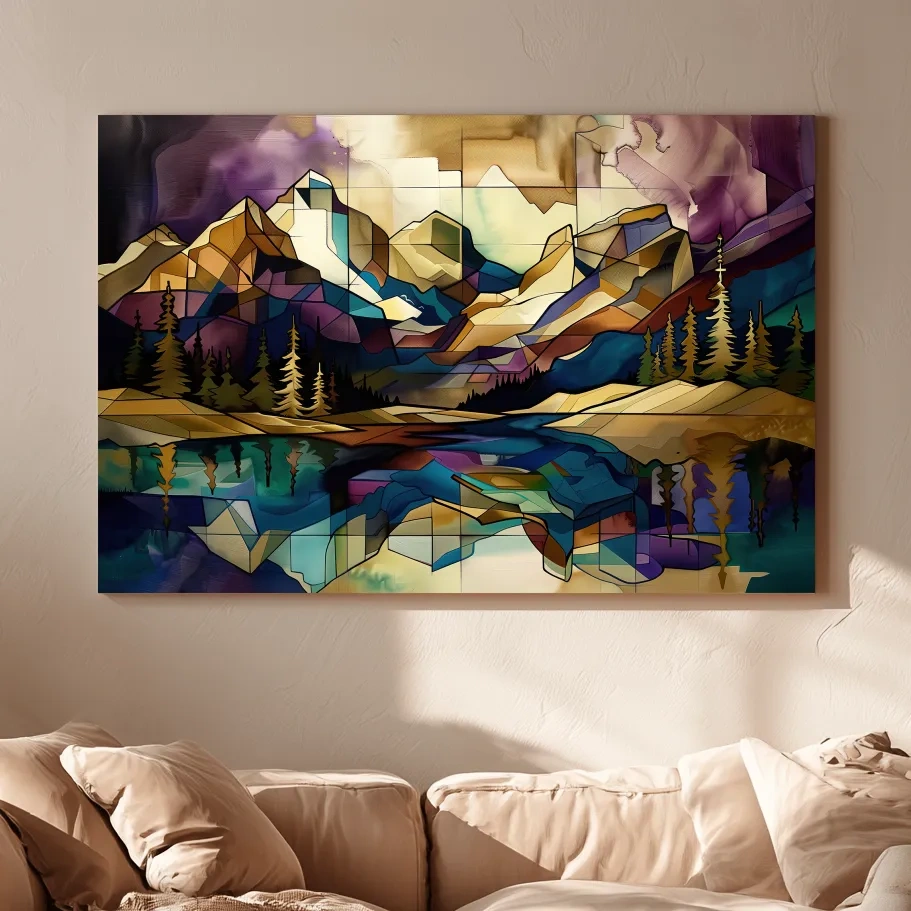 Geometric Stained Glass Mountain Lake Reflection - Colorful Abstract Landscape Artwork