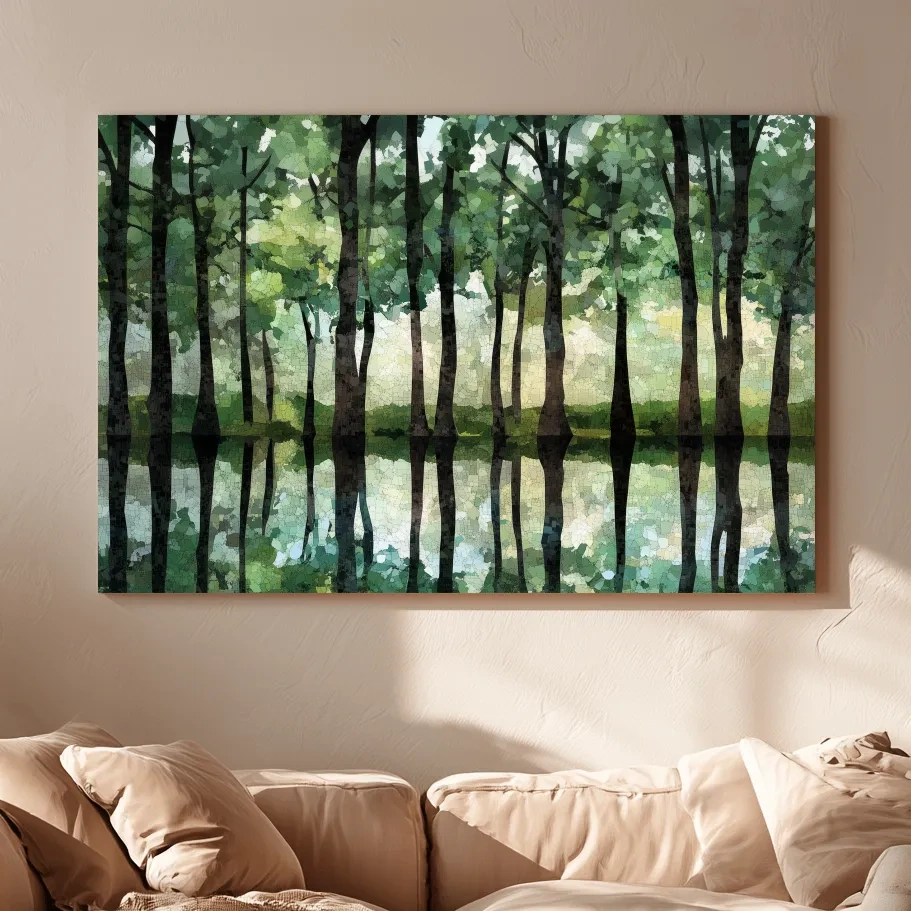 Mosaic Watercolor Forest Lake Reflection - Serene Nature Landscape Wall Art