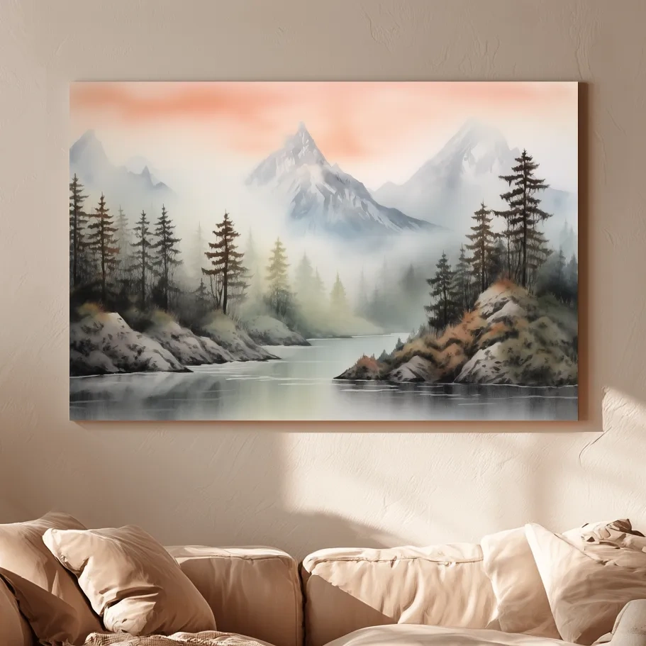 Misty Watercolor Mountain Lake Landscape - Serene Pine Forest Wall Art