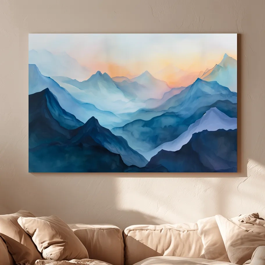 Misty Sunrise Watercolor Mountain Range - Serene Abstract Landscape Wall Art