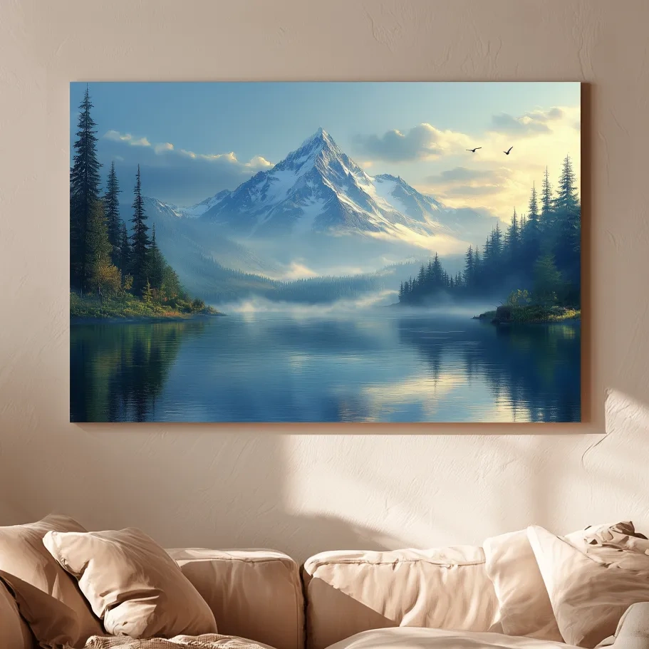Misty Alpine Mountain Lake Sunset - Pine Forest Artwork