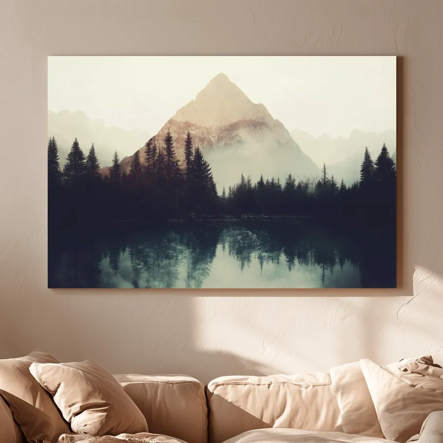 Misty Pine Forest Silhouette Lake Reflection - Moody Mountain Wall Art