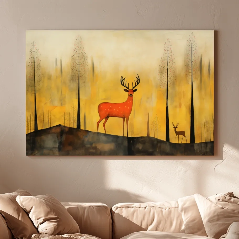 Whimsical Deer In Autumn Forest - Golden Woodland Landscape Wall Art