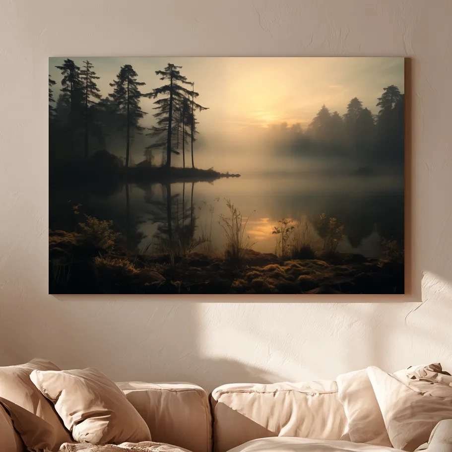 Nature Photography Wall Art - Misty Lake Sunrise & Forest