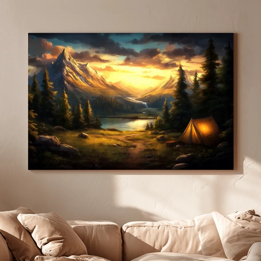 Golden Sunset Alpine Camping Scene Impressionist Painting - Scenic Mountain Wall Art