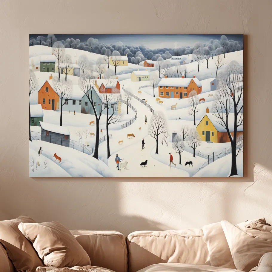 Whimsical Snowy Village Winter Landscape Painting - Folk Art Countryside Wall Art