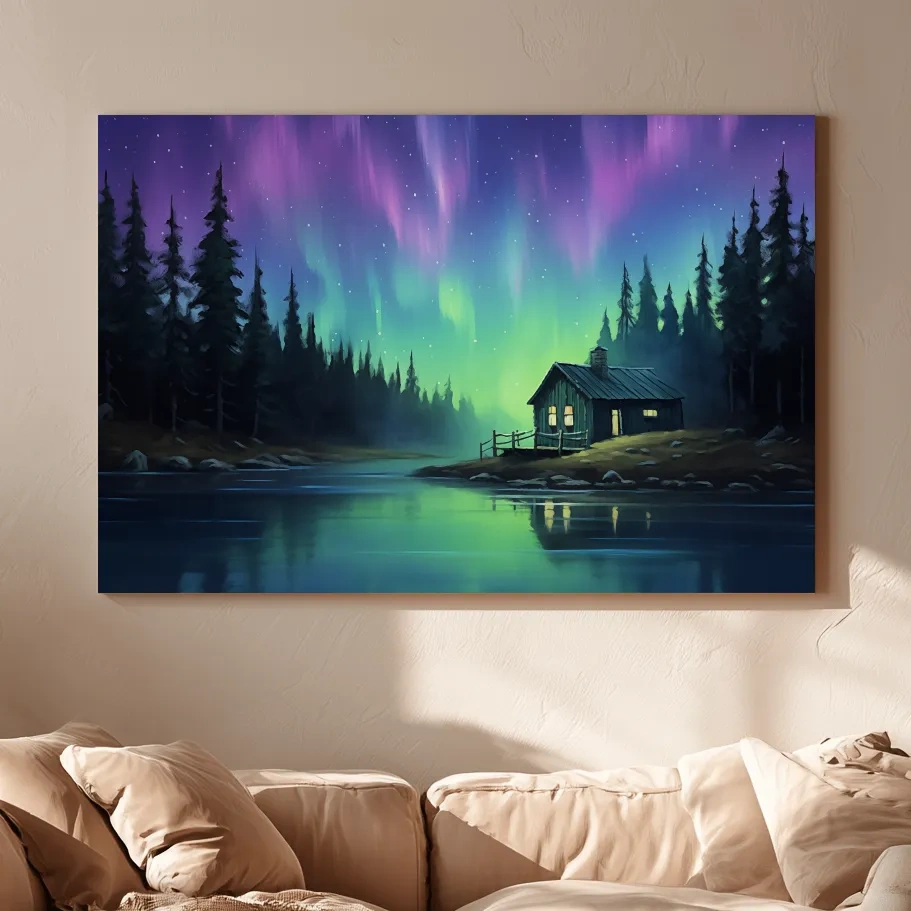 Northern Lights Over Lakeside Cabin Painting - Aurora Borealis Night Wall Art
