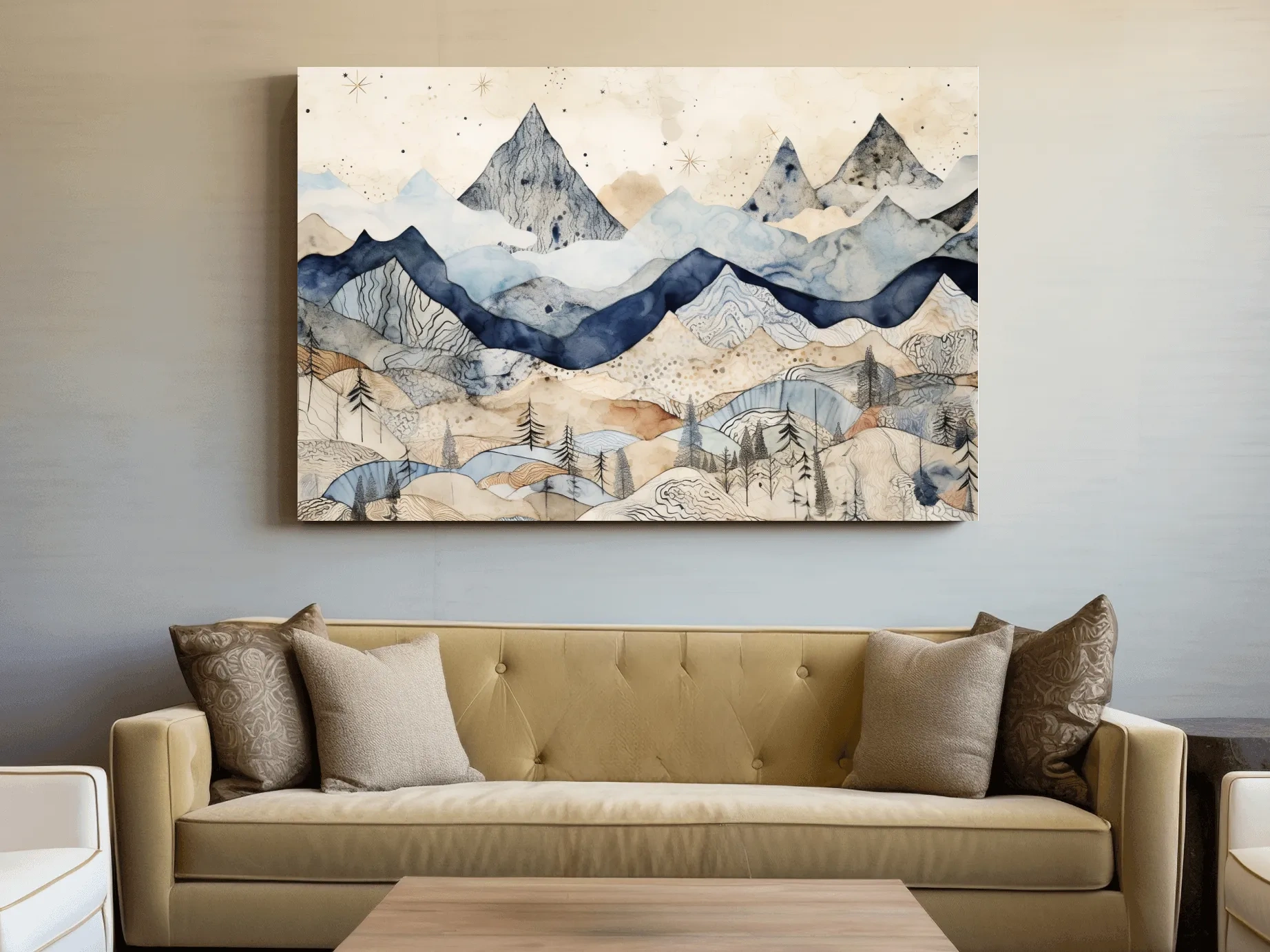 Patchwork Watercolor Mountain Range - Modern Alpine Landscape Wall Art
