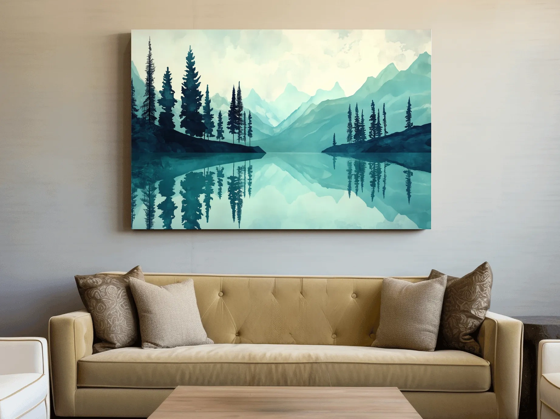 Treelined Alpine Lake Reflection - Watercolor Forest Wall Art