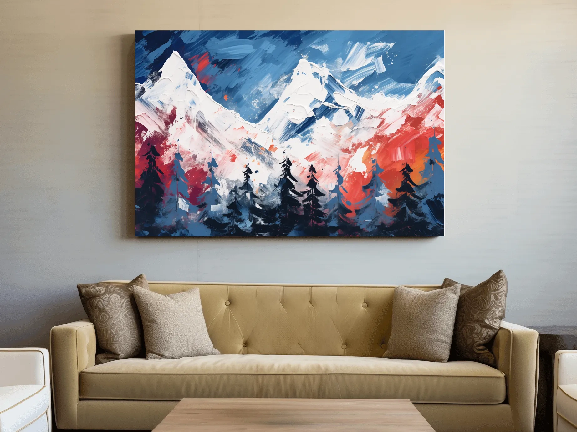 Vibrant Abstract Snowcapped Mountain Peaks - Bold Alpine Forest Landscape Art