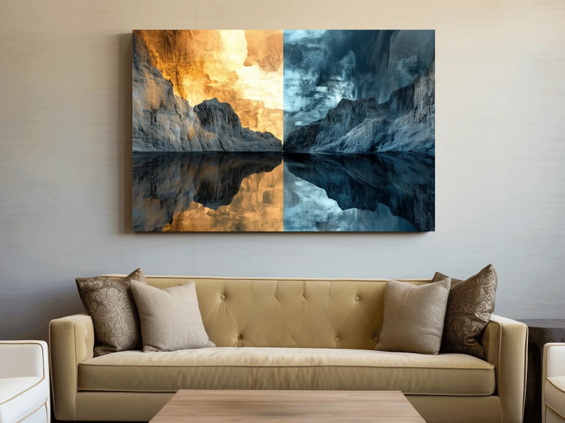 Split Tone Mountain Lake Reflection - Fiery Sunset Cool Twilight