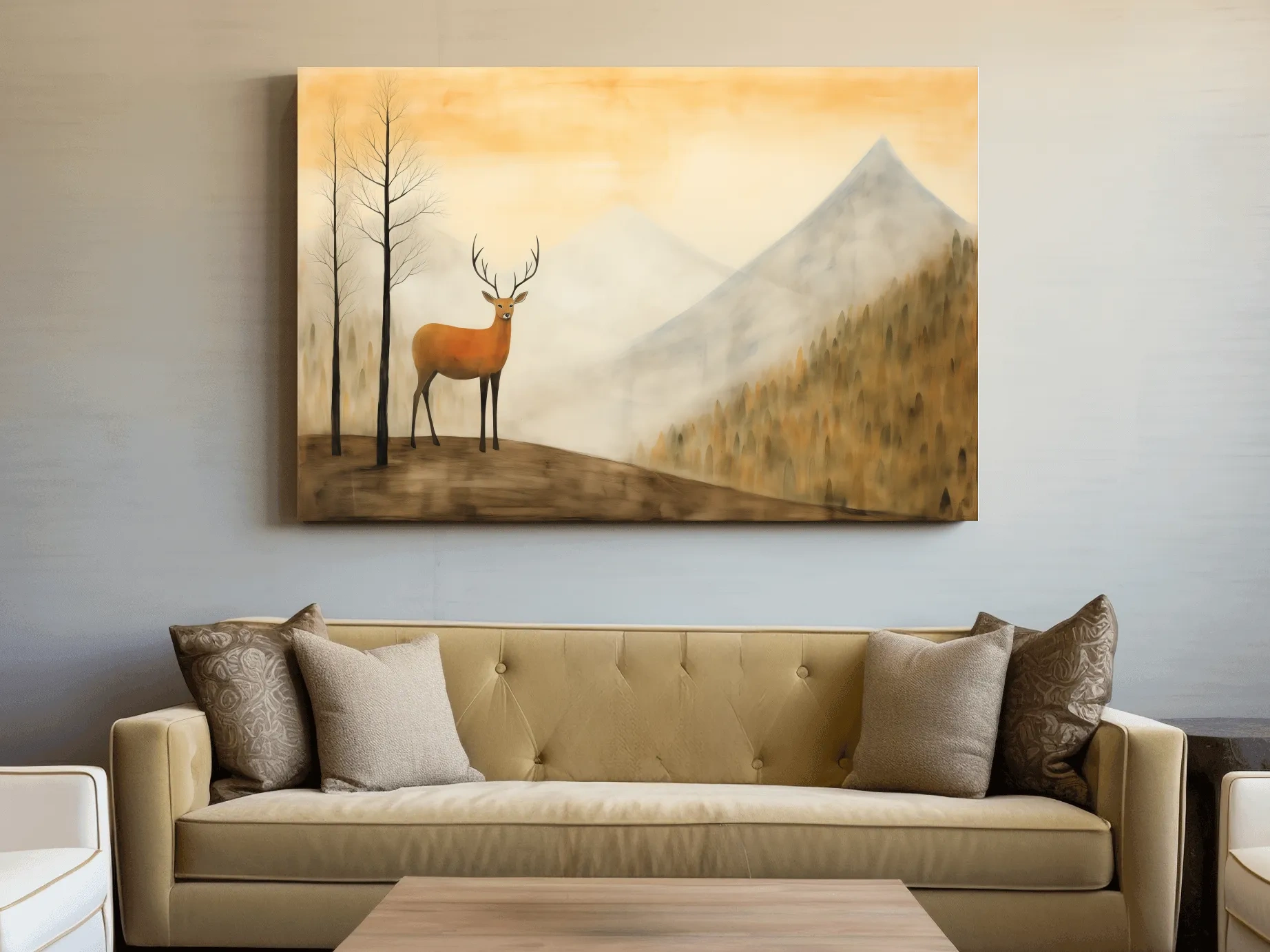 Deer Alpine Mountain Landscape Painting - Serene Foggy Forest Wall Art