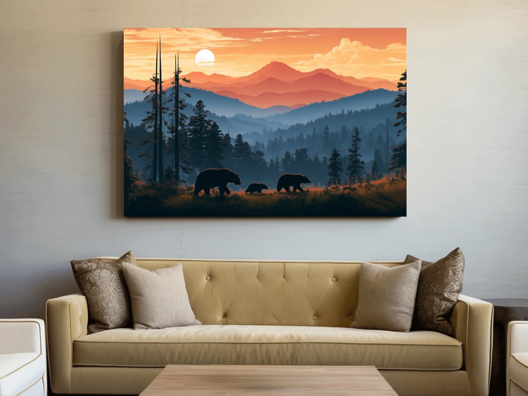 Bear Family Silhouettes - Mountain Sunset Wildlife Wall Art