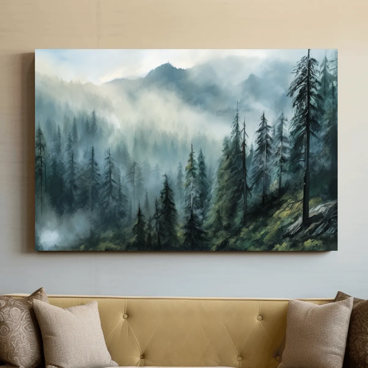 Misty Evergreen Forest Mountain Landscape - Moody Watercolor Nature Wall Art