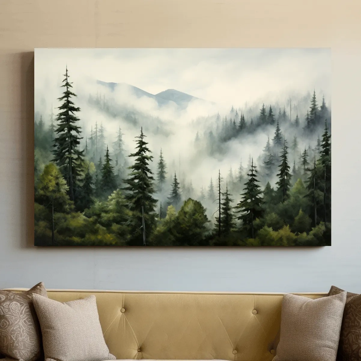 Foggy Alpine Mountain Forest Painting - Moody Watercolor Landscape Wall Art