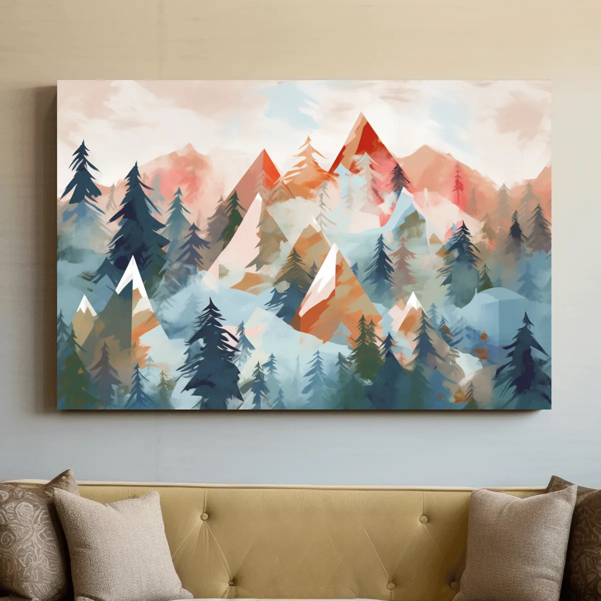 Abstract Watercolor Alpine Mountains And Pine Forest - Modern Geometric Landscape Wall Art