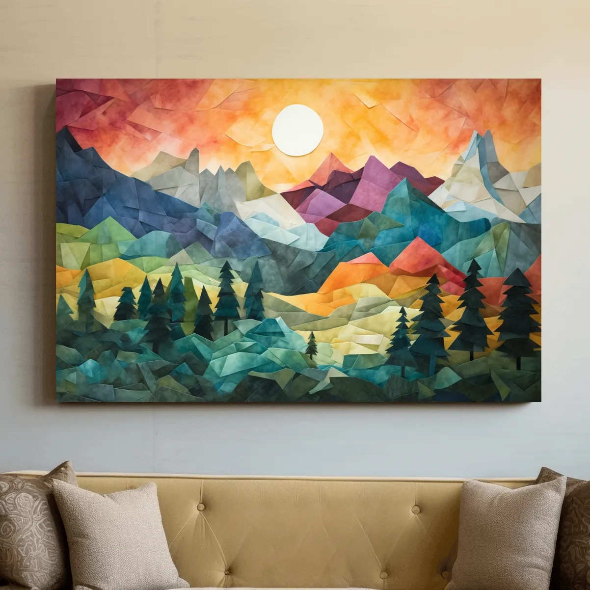 Abstract Alpine Mountain Sunset Artwork - Vibrant Patchwork Mosaic Wall Art