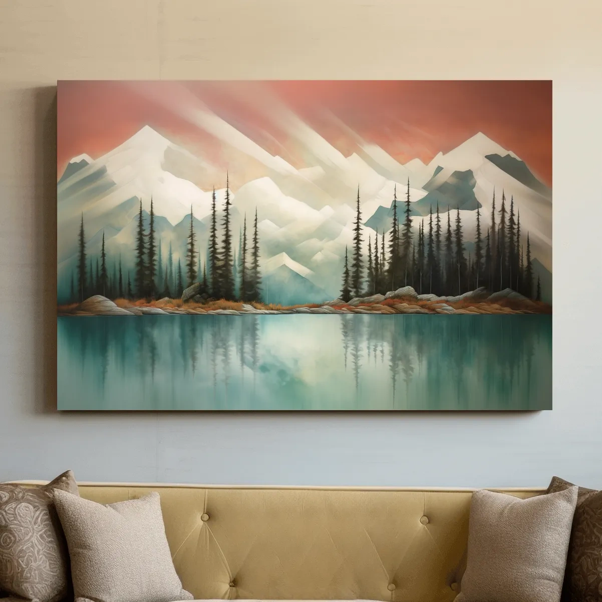 Abstract Alpine Lake Landscape Painting - Serene Pine Forest Mountain Wall Art