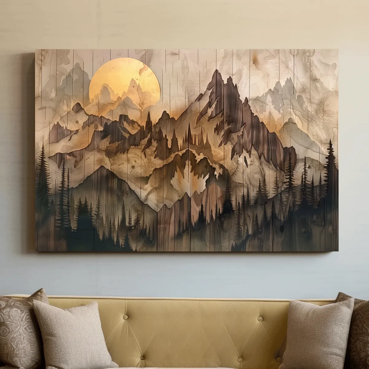 Rustic Sepia Mountain Sunrise Landscape - Vintage Wood Grain Watercolor Artwork