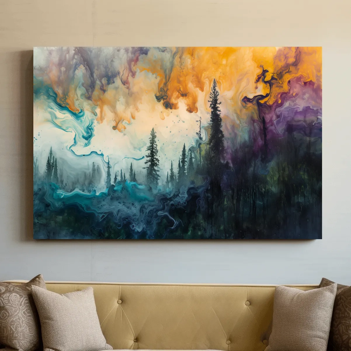 Vibrant Abstract Forest Smoke Swirls - Fluid Acrylic Style Wall Art