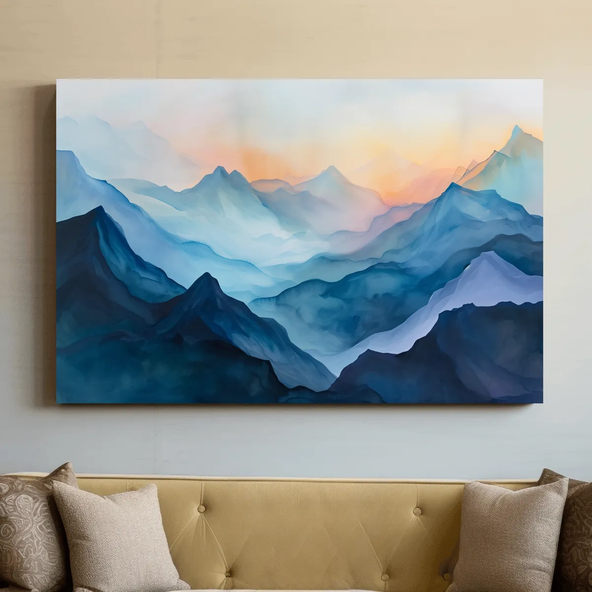 Misty Sunrise Watercolor Mountain Range - Serene Abstract Landscape Wall Art