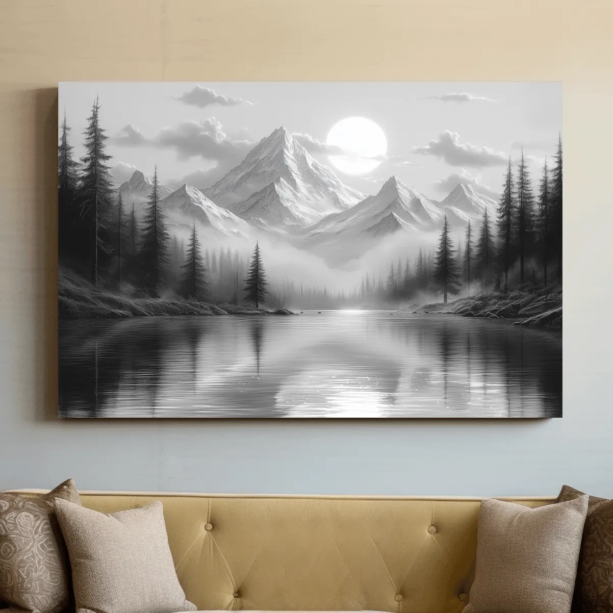 Monochrome Misty Alpine Lake Landscape - Mountain Forest Wall Art