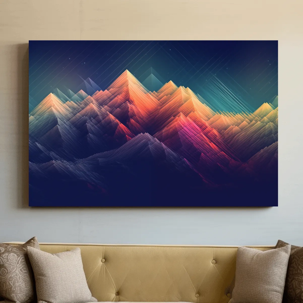 Vibrant Geometric Neon Mountain Peaks - Abstract Alpine Wall Art