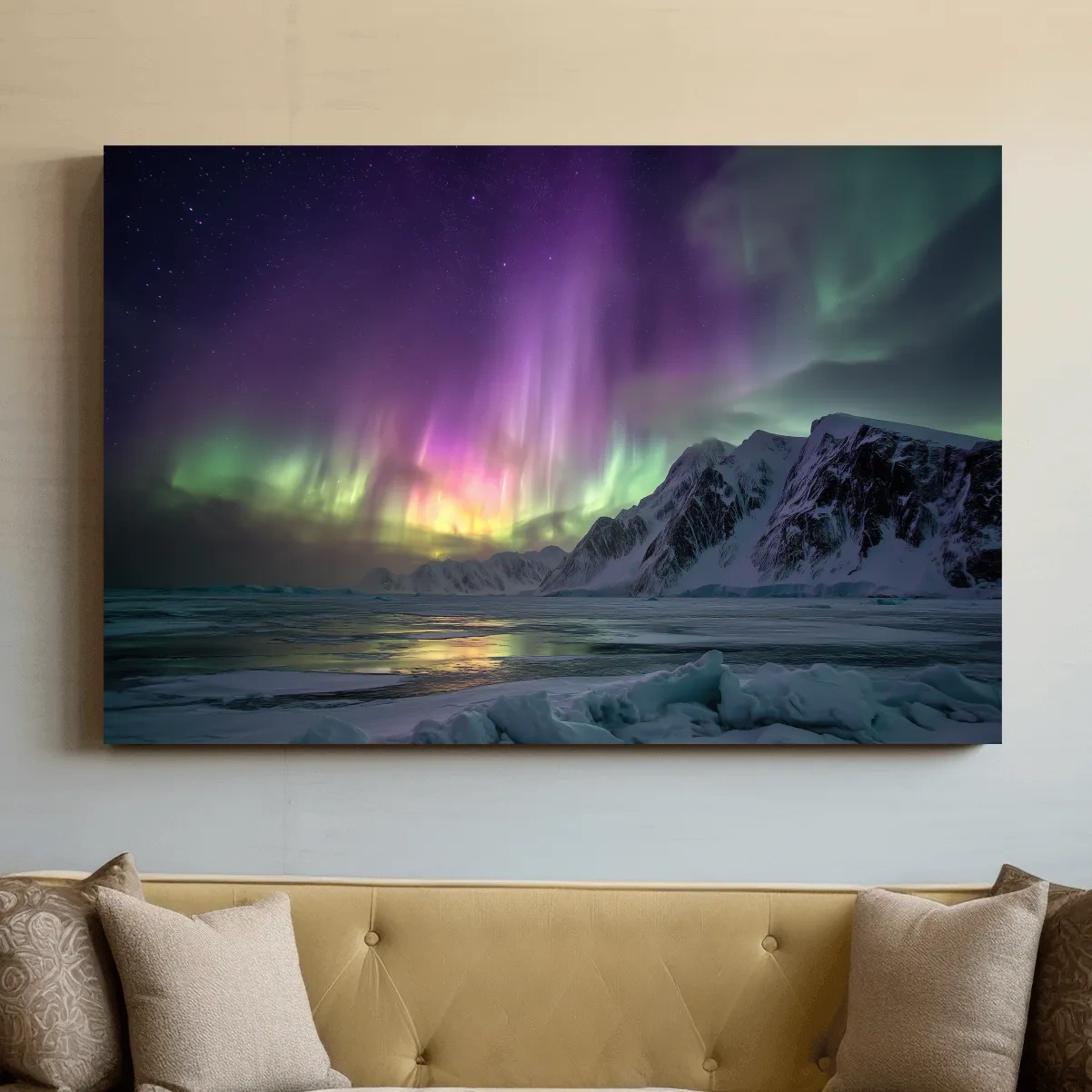 Vibrant Northern Lights Over Snowy Mountains - Aurora Borealis Photographic Night Sky Wall Art