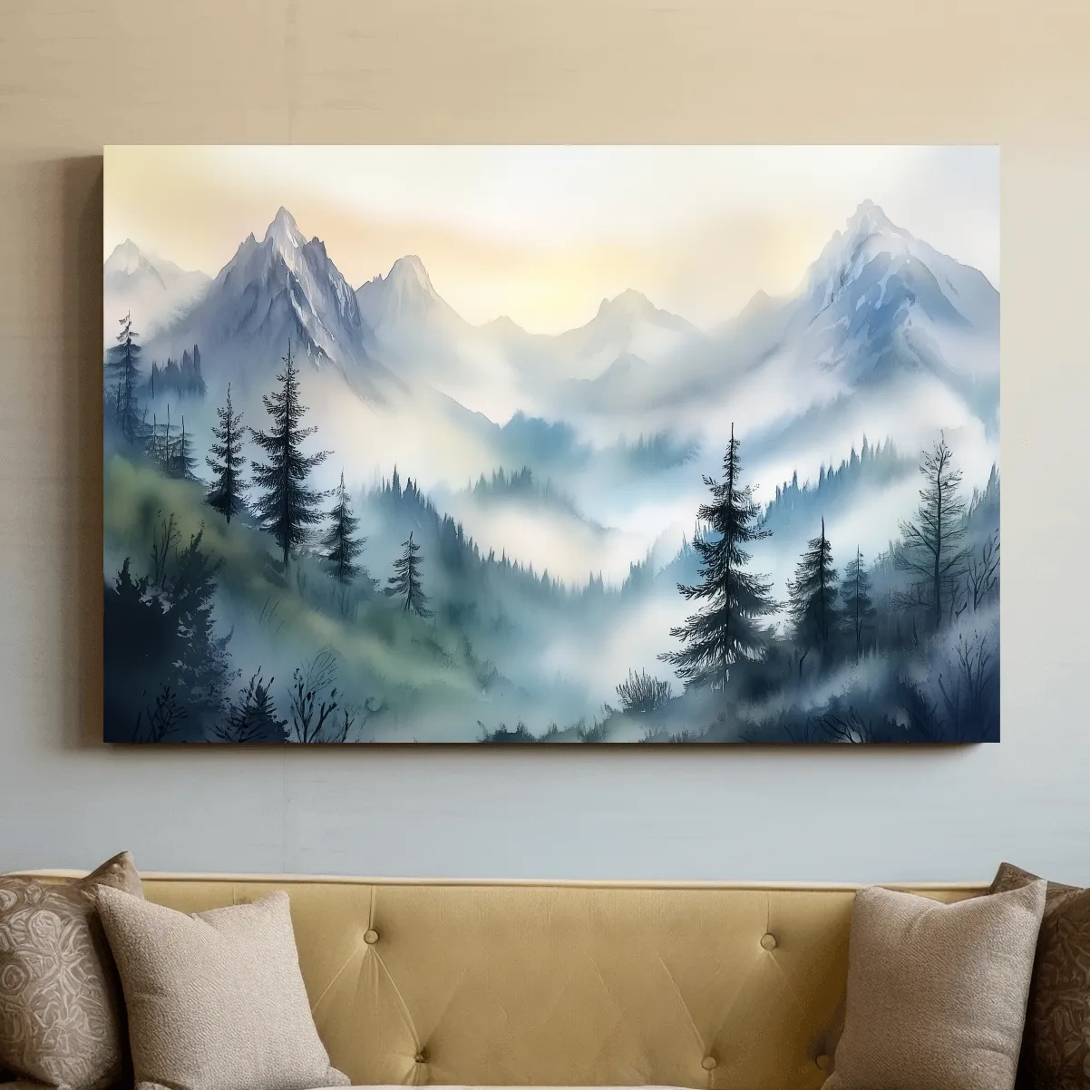 Chinese Ink Wash Watercolor Mountain Peaks - Foggy Alpine Wall Art
