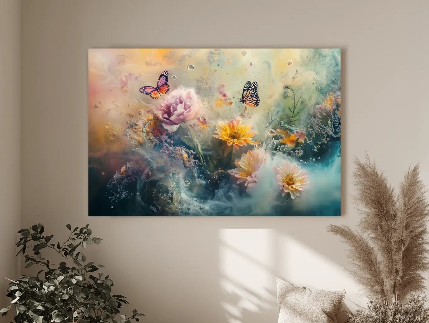 Ethereal Butterfly Floral Dreamscape - Pastel Mixed Media Wall Art