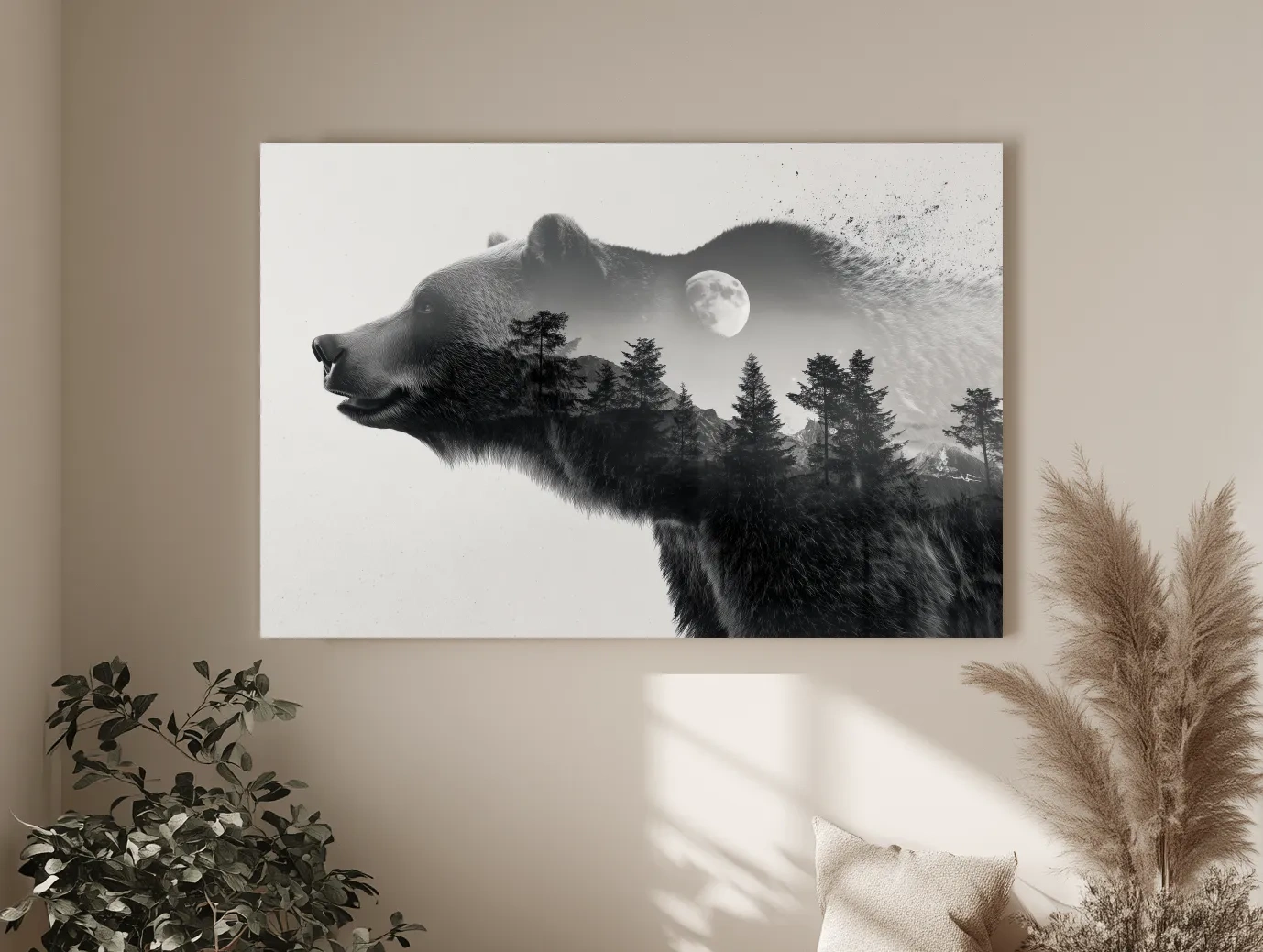 Black And White Grizzly Bear Double Exposure - Moonlit Pine Forest Mountain Wall Art