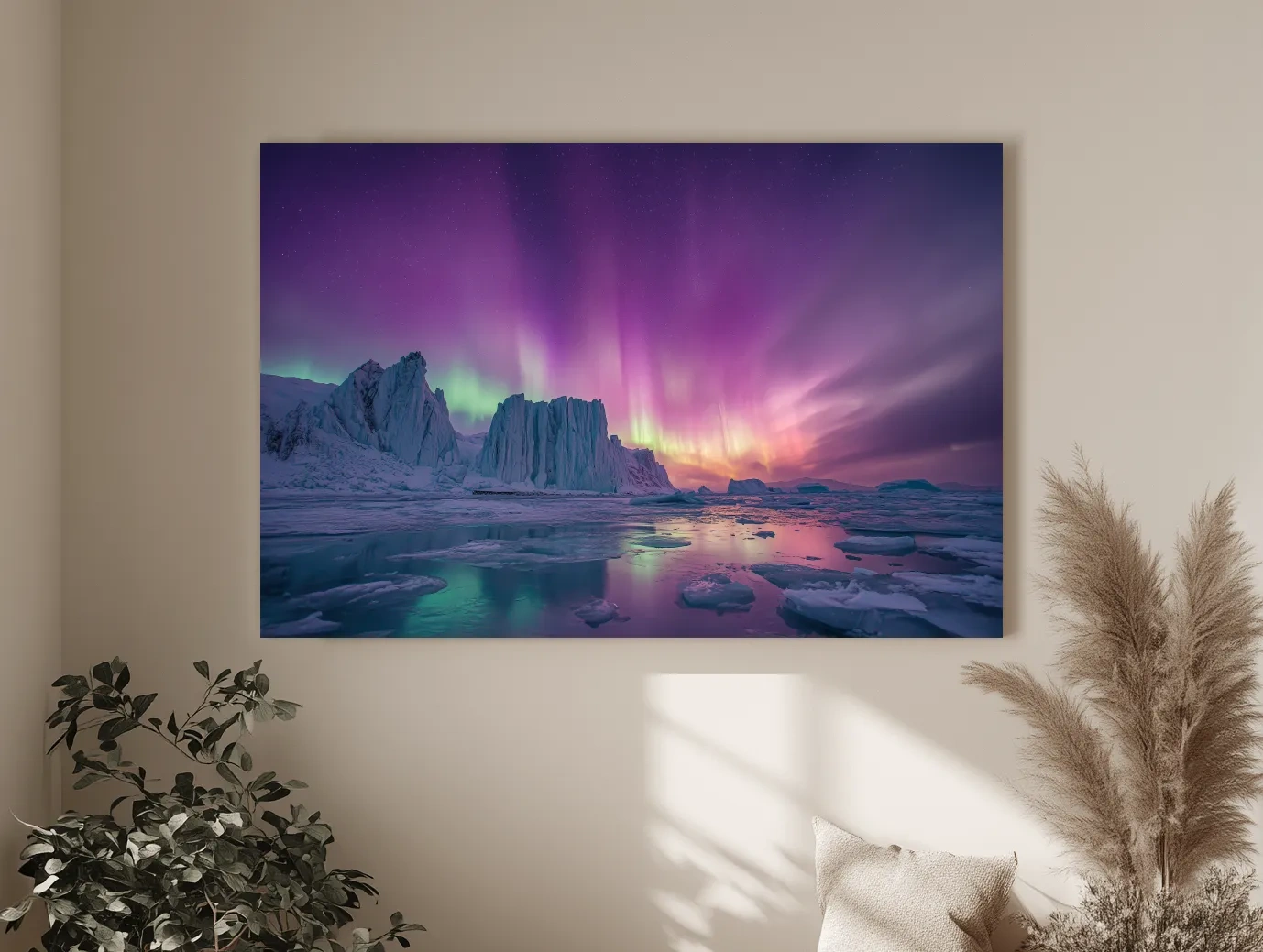 Vibrant Purple Northern Lights Over Arctic Icebergs - Aurora Borealis Landscape Wall Art