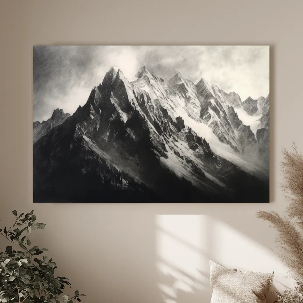 Moody Monochrome Snowy Mountain Peaks - Dramatic Charcoal Landscape Artwork