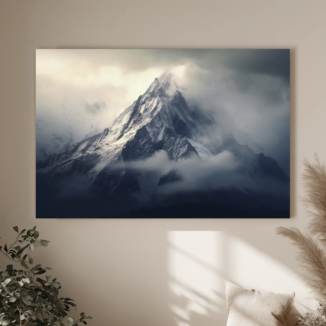 Cloudy Snowcapped Peak Landscape - Dramatic Mountain Photography Wall Art