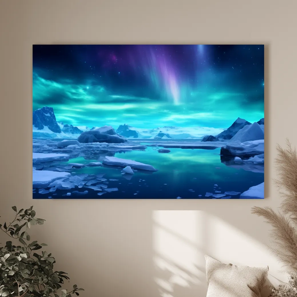 Vibrant Arctic Aurora Over Icebergs - Polar Night Photographic Wall Art