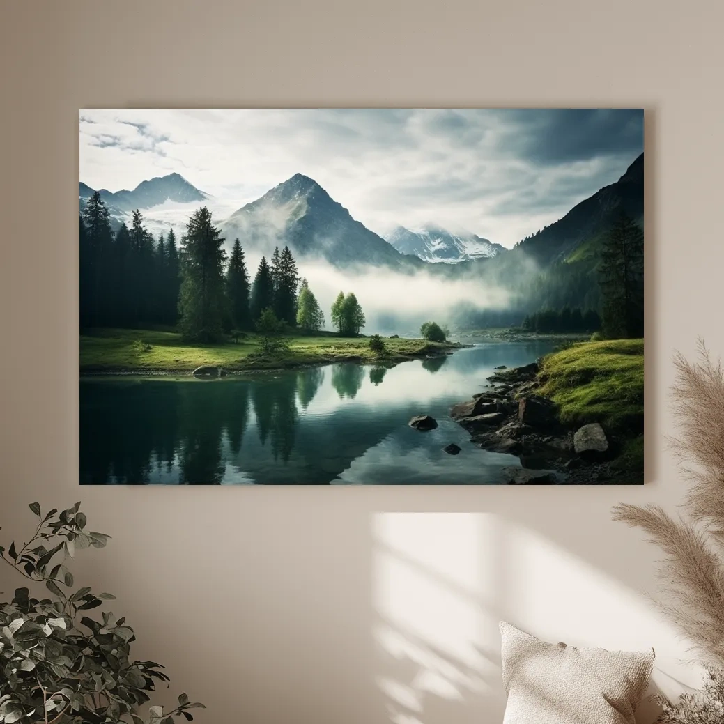 Misty Alpine Lake Reflection Landscape - Mountain Forest Photographic Wall Art