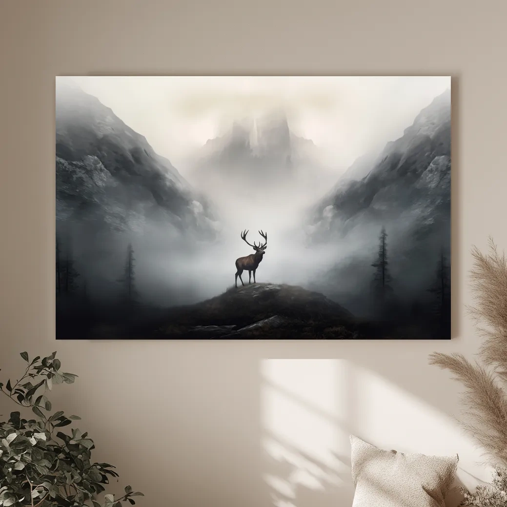 Moody Misty Mountain Stag Silhouette - Atmospheric Wildlife Landscape Art