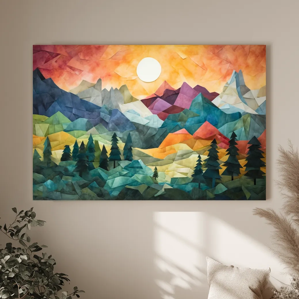 Abstract Alpine Mountain Sunset Artwork - Vibrant Patchwork Mosaic Wall Art