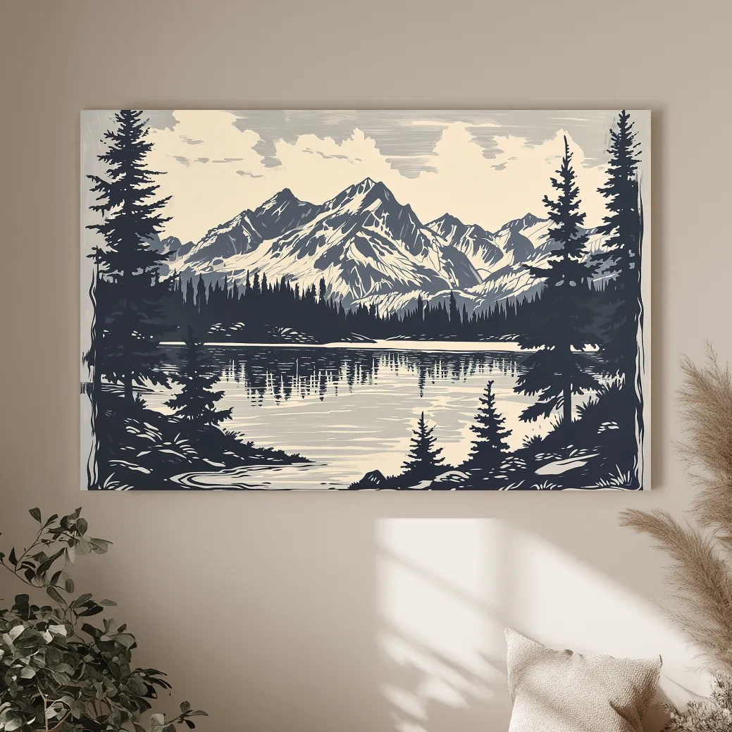 Vintage Alpine Lake Mountain Illustration - Monochrome Linocut Style Artwork