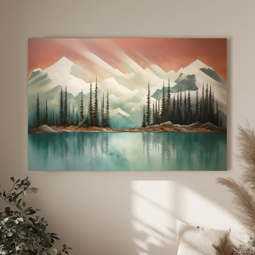 Abstract Alpine Lake Landscape Painting - Serene Pine Forest Mountain Wall Art