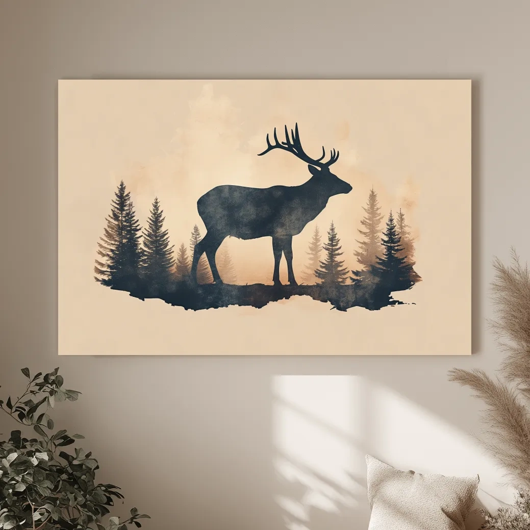 Vintage Sepia Deer Silhouette In Pine Forest - Rustic Woodland Artwork