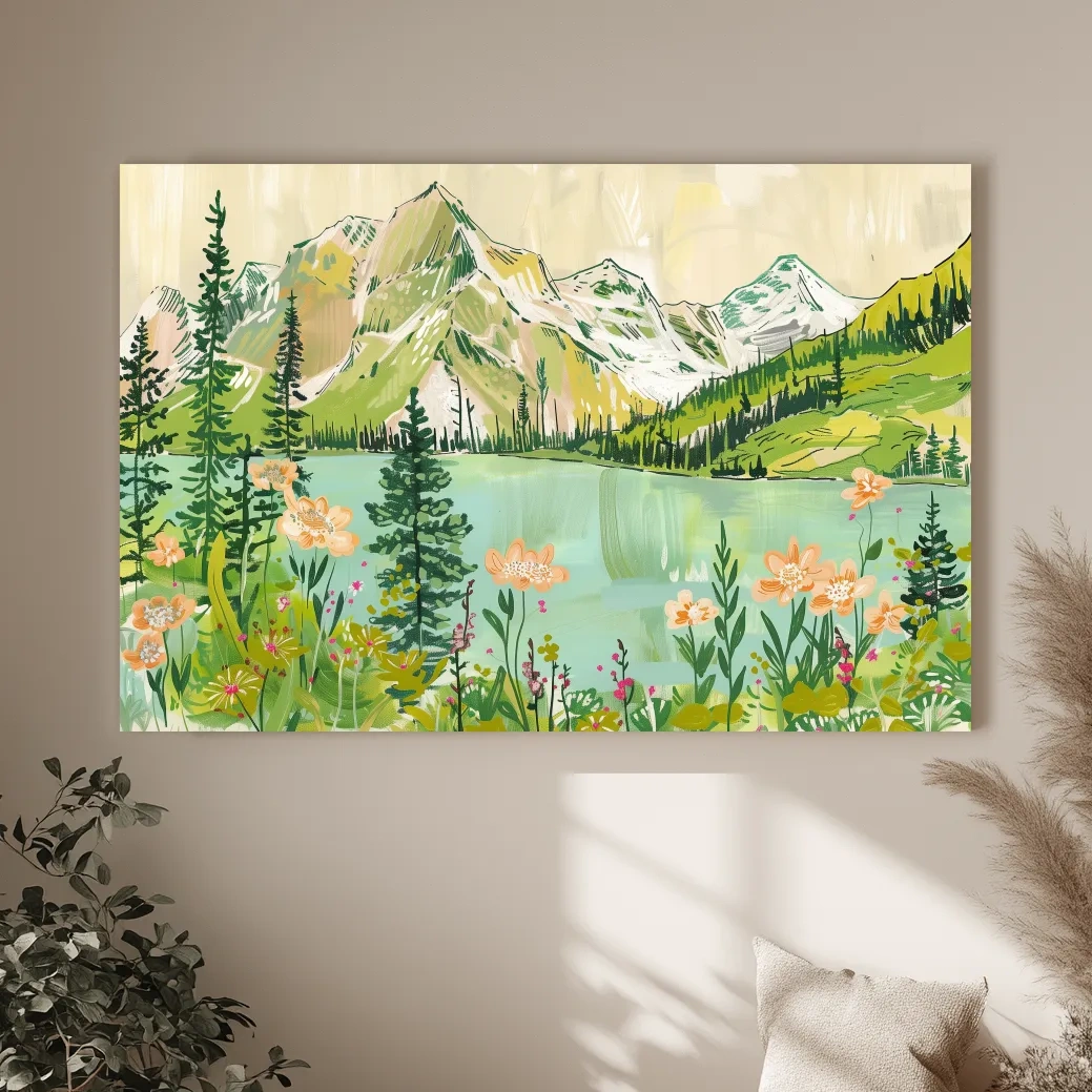 Whimsical Alpine Lake Wildflower Stylized Painting - Mountain Meadows Wall Art